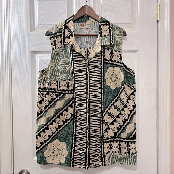 Hilo Hattie Button Down Sleeveless Shirt Women's Sz 1X Made In Hawaii Tan Green - Picture 1 of 6
